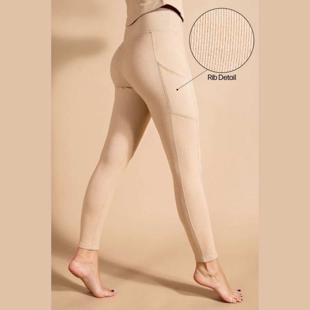 Rae Mode Rib Brushed High Rise Leggings w/ Pockets - Camel - Large
